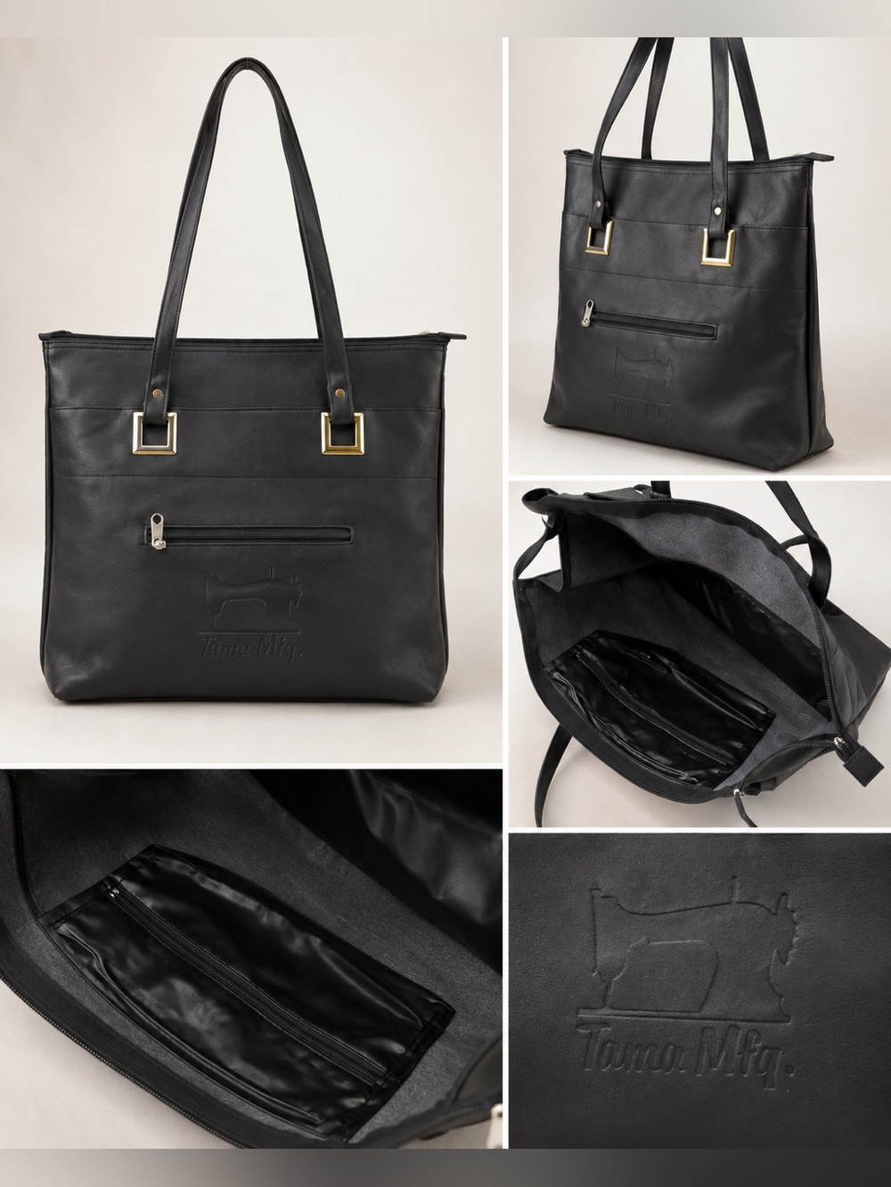 Tama Mfg. Black Leather Tote Shoulder Bag Large Zip Top